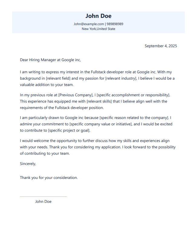 Fresher Cover Letter Template