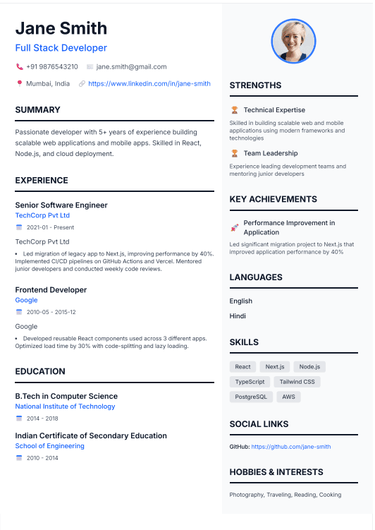 Professional sidebar ATS-friendly resume template preview