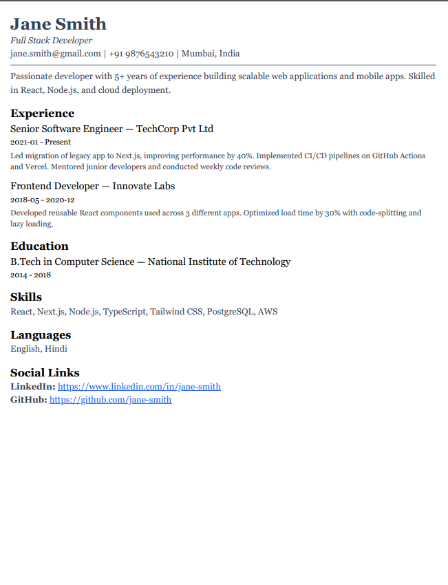 Compact resume template preview