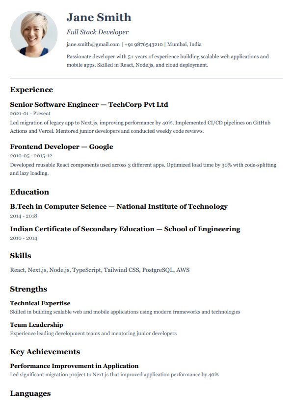 Classic Photo resume template preview
