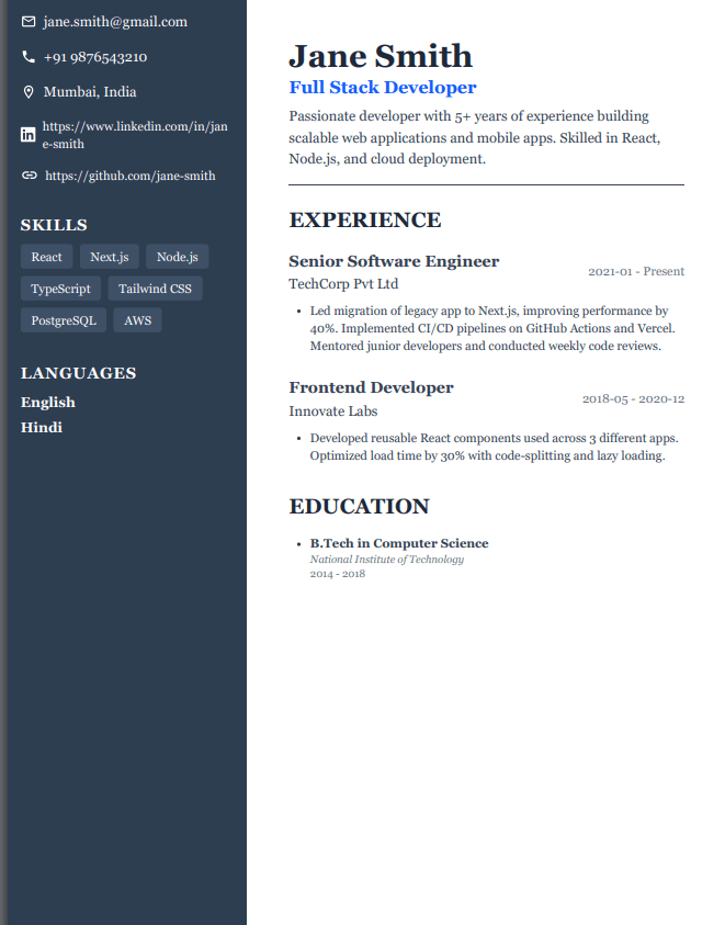 Professional resume template preview
